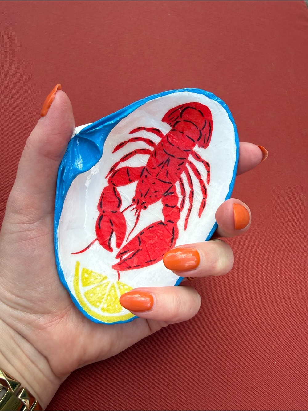 Hand-Painted Lobster Shell Trinket Dish - Blue, Red, Yellow
